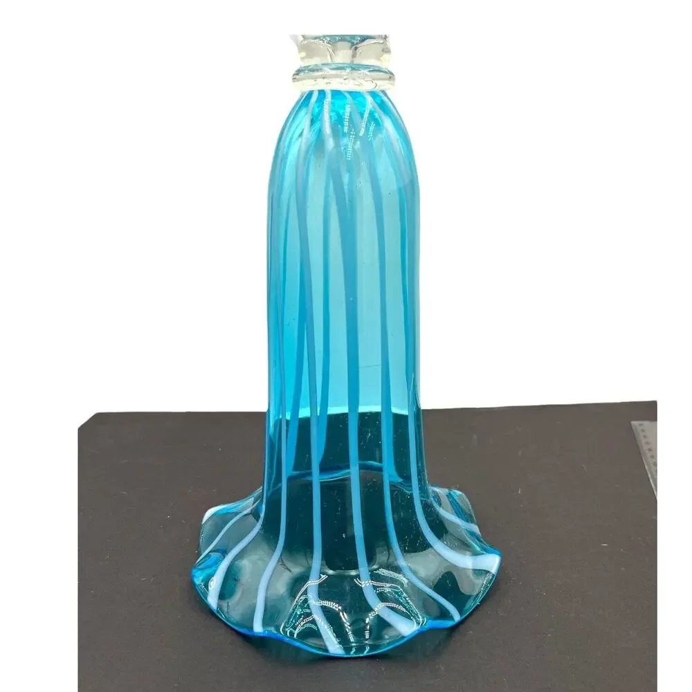 Vtg 14'' Blue Hand Blown Glass Vase Spiral Ice Blue Ruffled Top Clear‎ Base EUC